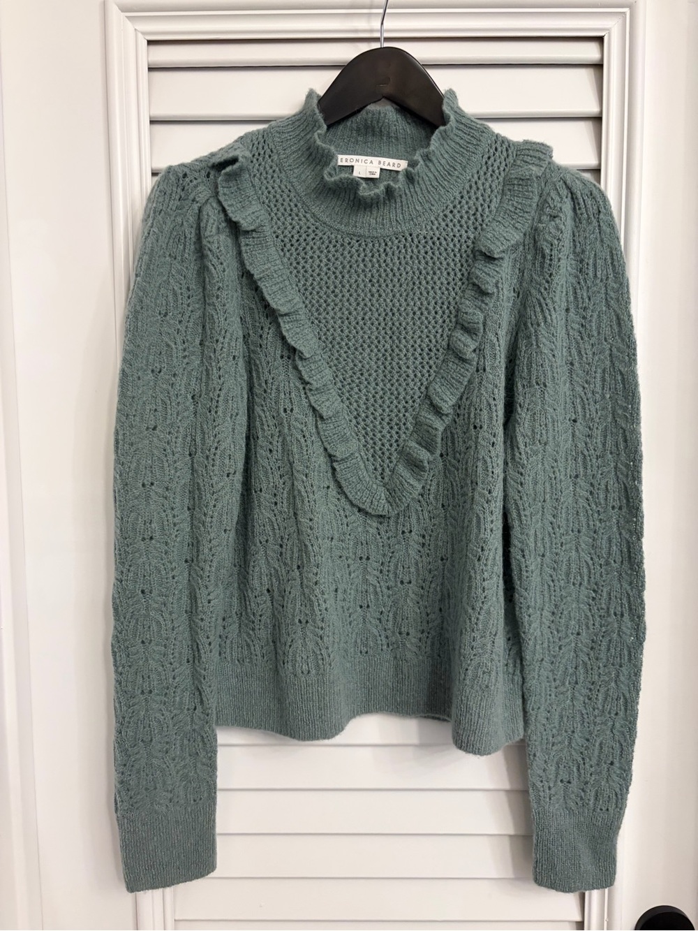 🦙🤍Veronica Beard Luxury Sorina Sage Ruffle Yoke & Mock Neck Sweater 🤍🦙